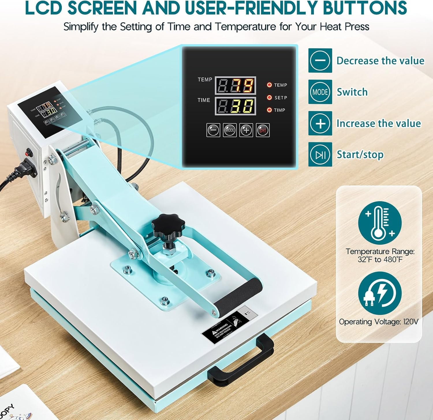LUXOAK 2-in-1 15x15 Heat Press, Industrial-Quality Digital Sublimation Heat Press Machine for T-Shirts, Mugs, 30oz Mug Press, Sewing Guides, Blue
