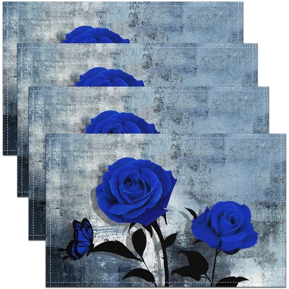 Girly Rose Placemats Set of 4 for Women,Blue and Grey Ombre Place Mats Non Slip,Rustic Grunge Butterflies Floral Table Mats Dining Table Decor,Graffiti Oil Painting Placemats,12x18