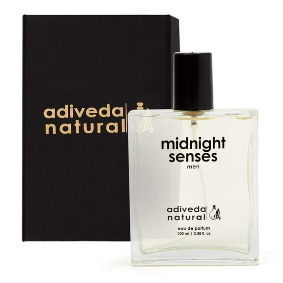 Adiveda Natural Midnight Senses Eau de Parfum pour Hommes 100ml, 3.4 Fl.oz. / Cadeau pour Mari, Petit Ami, Frère / avec Notes de Racines de Cyperus et de Bois d'Agar