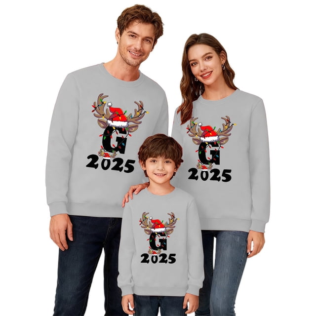 MIASHUI Pyjama Familial pour Garçons Taille 14 Noël Famille Lettre Imprimée Col Rond Manches Longues Chandail en Molleton Sans Capuche Femmes,G