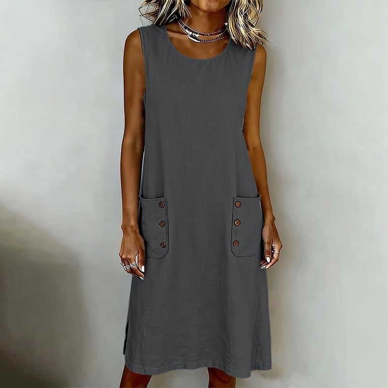Hurxie Summer Dresses for Women Sleeveless Casual Sundress Wrinkle-Free  Tank Mini Beach Vacation Dress with Pockets Gray,2XL - Walmart.com