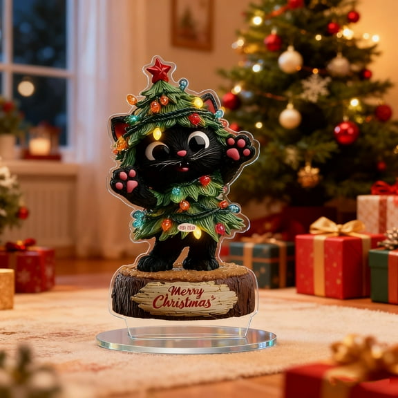 Peacheart Christmas Table Centerpiece, Black Cat with Christmas Lights 2D Acrylic Ornament for Xmas Holiday Home Tabletop Decor