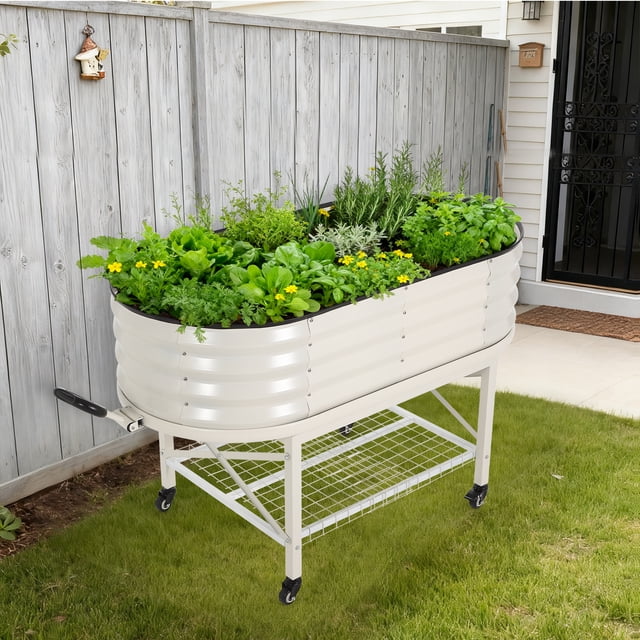 Raised Garden Bed – Galvanized Steel Planter Box – Wheels, Legs & Storage Rack – Heavy Duty 0.78mm – Corrosion-Resistant – Ergonomic Height – Tool-Free Install – White, 120×60×30cm, Open