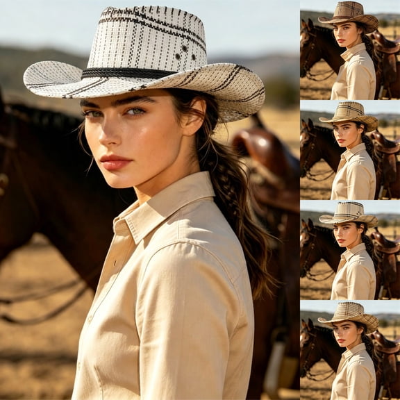Cowgirl Cowboy Hat for Women Men Roll Up Wide Brim Fedora Western Hat with Belt Buckle Beach Vacation Summer