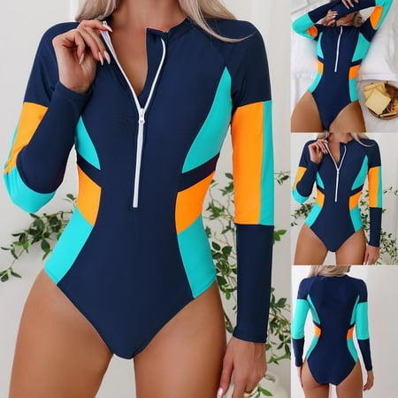 CFLVAEK One Piece Swimsuits for Women Tummy Control Long Sleeve Rash Guard Swimsuit Slimming Zip Up Sporty Bathing Suits Color Block Modest Swimwear 2025 Navy M