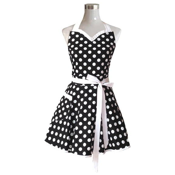 Hyzrz Lovely Sweetheart Retro Kitchen Aprons Woman Girl Cotton Polka Dot Cooking Salon Pinafore Vintage Apron Dress Mother's Gift (Black)