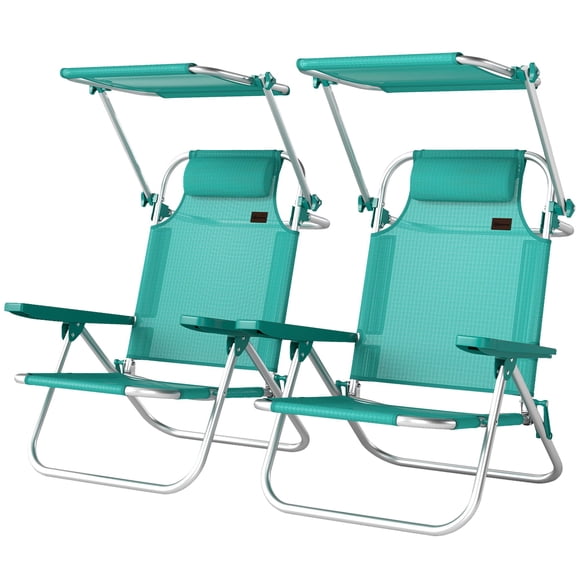 2 Piece Folding Beach Chairs Set with Adjustable Canopy, 6-Position Reclining Lounge Chairs with Headrest, Aluminum Frame, Turquoise, for Patio, Garden, Camping and Beach