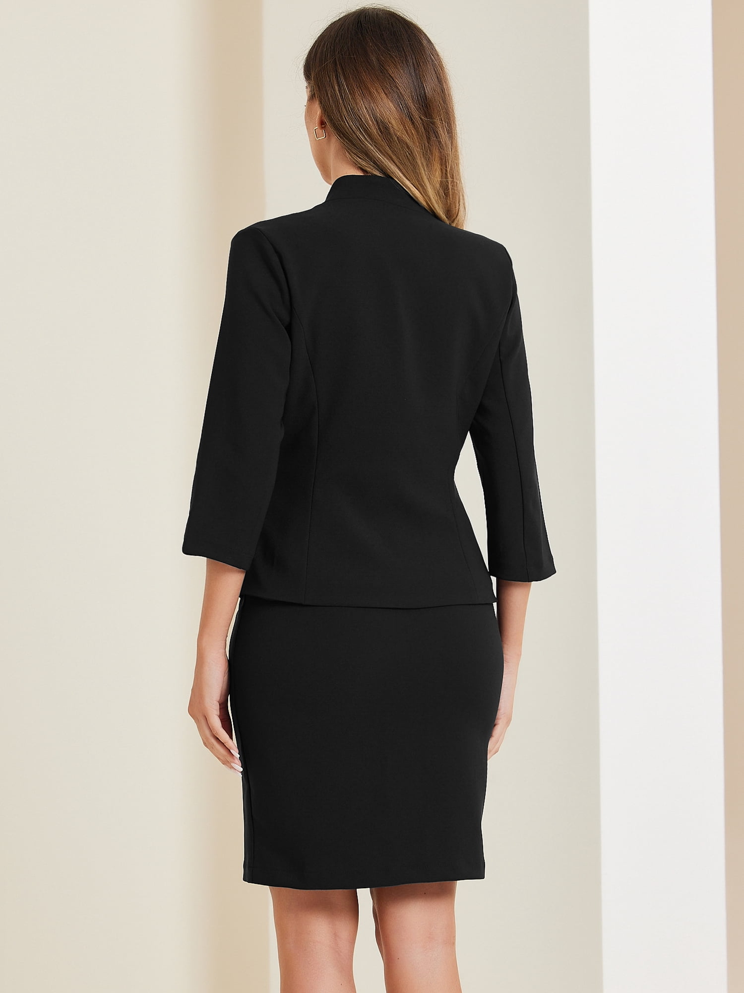 DARING DIVA 2Pcs Women's Notched Collar Business Pencil Skirt Suit Set S Black