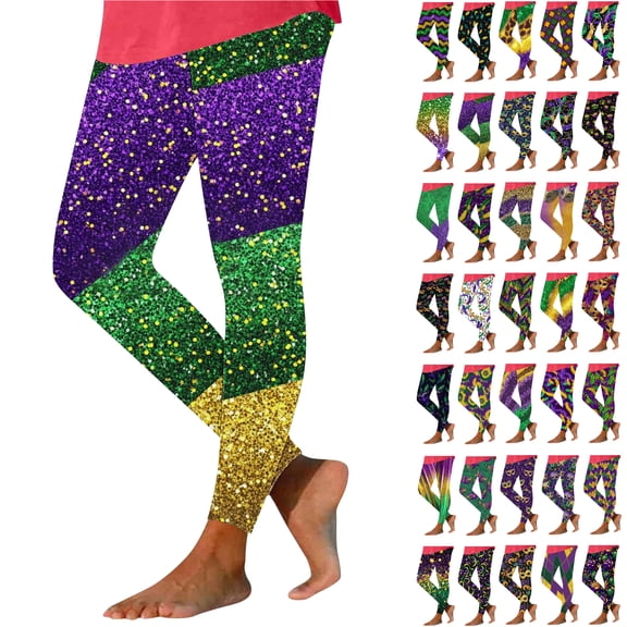 Feancey Tummy Control Mardi Gras Leggings for Women Stretchy High Waisted Workout Tights Buttery Soft Gym Running Yoga Pants Carnival Themed Outfit Black S