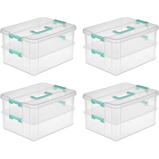Caja con asa de 2 capas para apilar y transportar, contenedor de almacenamiento pequeño de plástico apilable con tapa con cierre, contenedor para organizar manualidades, transparente, paquete de 4