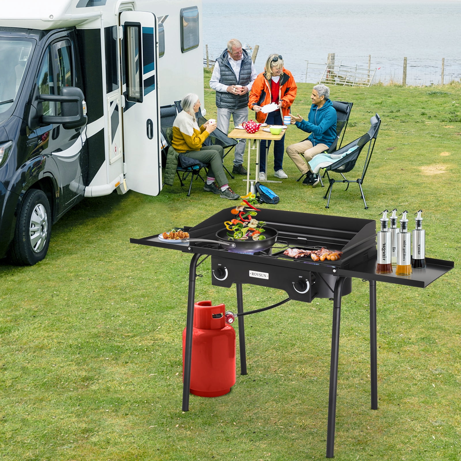 SalonMore Portable Outdoor Propane 15,0000 BTU 2-Burner Camping Stove with Removable Legs, Wind Panels,Regulator