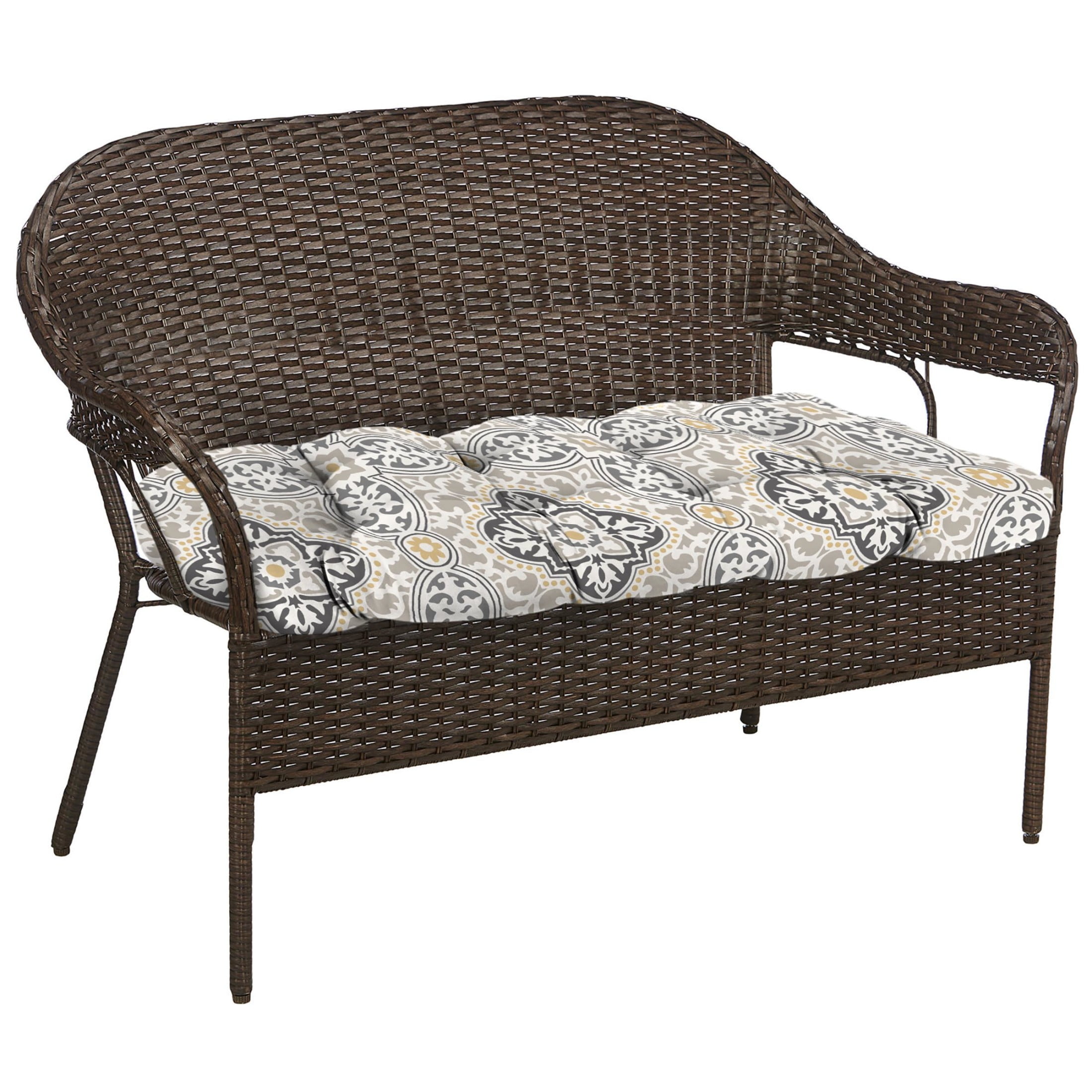Jordan Manufacturing 44" x 18" Rave Grey Quatrefoil Rectangular Tufted Contoured Outdoor Wicker Settee Bench Cushion