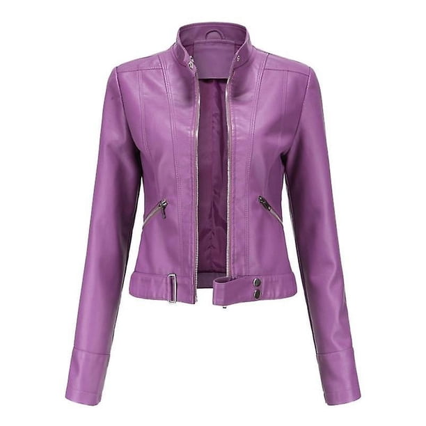 Chaqueta de cuero de Pu delgada corta con cuello levantado de otoño para mujer