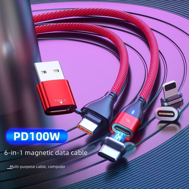 PD100W línea de datos de succión magnética de carga rápida línea de datos de teléfono móvil seis en uno compatible con la carga rápida de teléfonos móviles portátiles