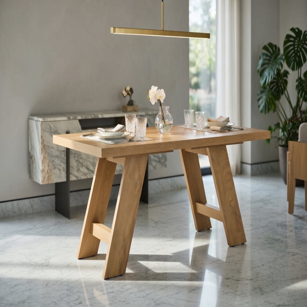 Hommoo Modern Grain MDF Dining Table, 71" x 31.5" Rectangular Extendable-Style Table with V-Shaped Outward-Sloping Legs, Seats 6–8, for Dining Room, Home Office & Multi-Use Spaces, Natural
