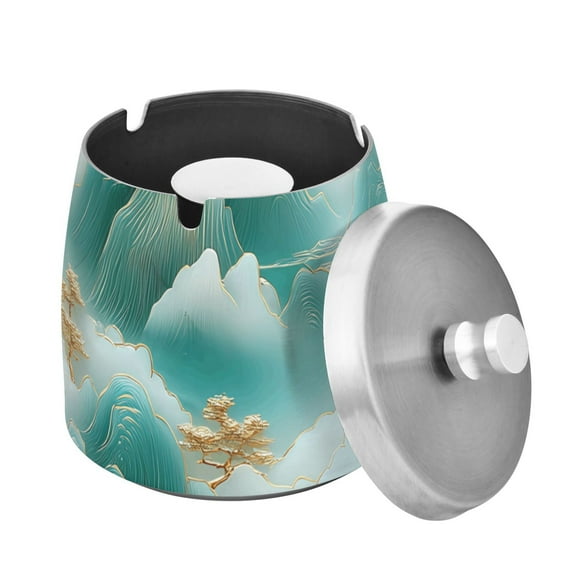 Outdoor Ashtray with Lid for Cigarette Stainless Steel Smokeless Ash Tray for Patio Home Table Decor White Clouds Green Mountains