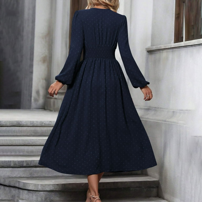 long sleeve tummy control dress Wdfiry Dress for Women V Neck Tummy Control Long Sleeve Dress Fashionable  Printing A-Line Pleated Midi Dresses