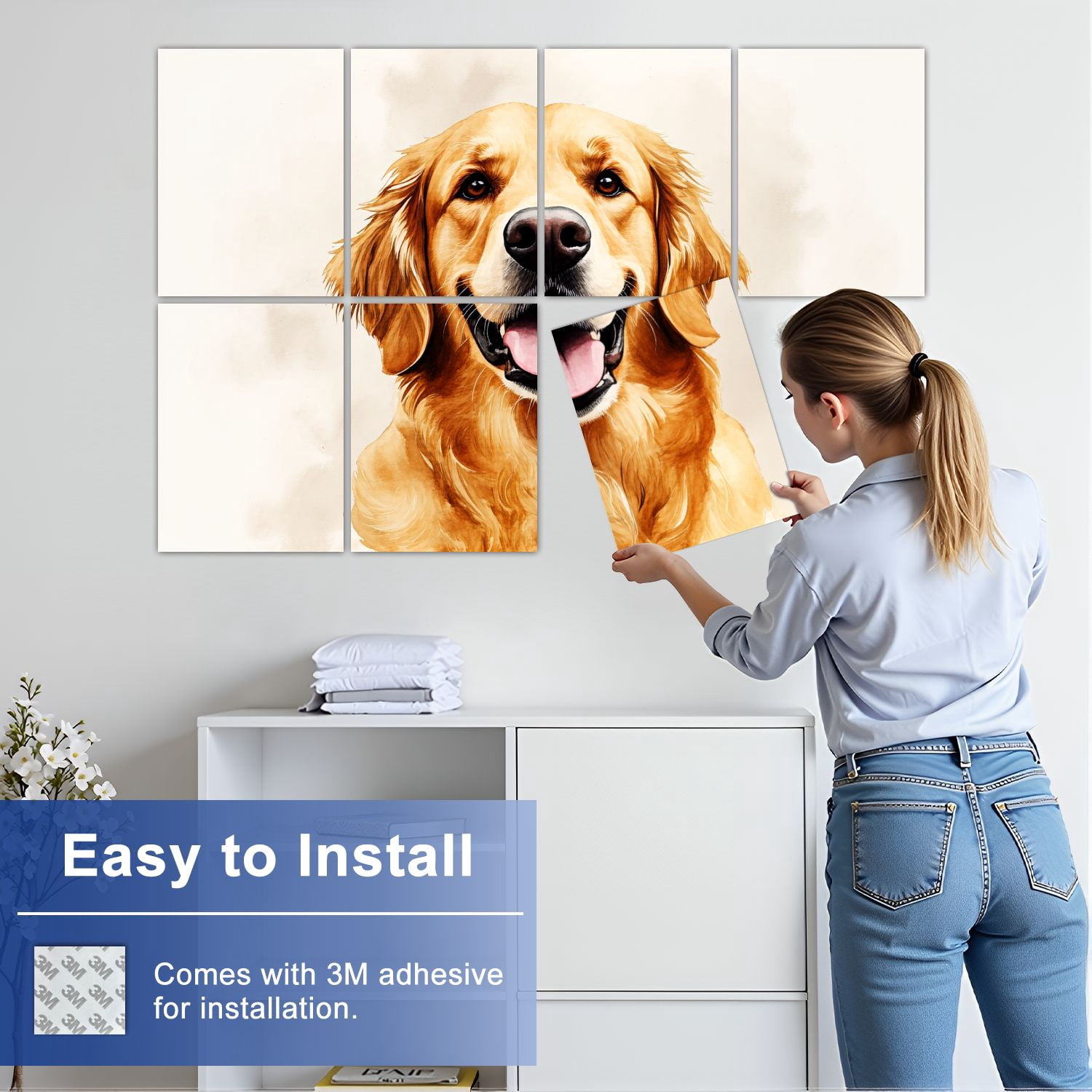 8 Pack Art Acoustic Panels Sound Absorbing Golden Retriever Dog Portrait Decorative Soundproof Wall Panels Self Adhesive for Nursery Game Room Bedroom 48"x32"