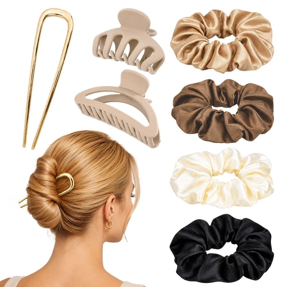 Gocvo 7pcs Hair Accessories for Women - Silk Scrunchies, French Hair Pins for Buns & Claw Clips for Styling
