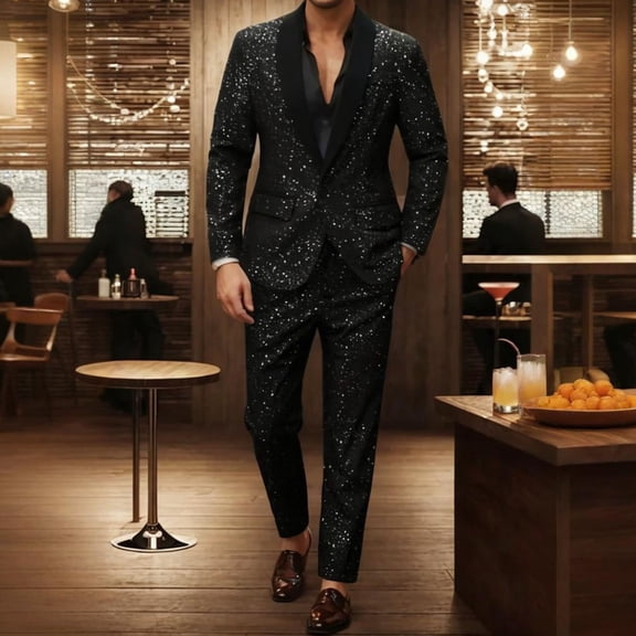 VBTAPA Men's Sequin Suits Slim Fit One Button Tuxedo Suit Jacket Dress Pants Sparkle Blazer Sets for Party Wedding Prom Black M