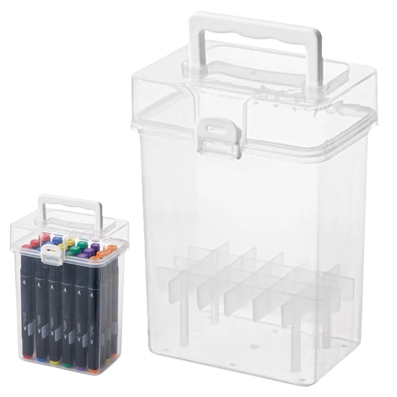 24 Slot Marker Storage Case with Handle, Clear Plastic Art Supply Organizer Box for Markers, Pens, Highlighters and Craft Tools