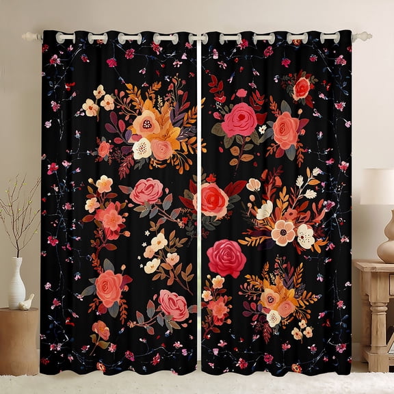 Feelyou Black Pink Rose Black Out Curtains, Vintage Bohemian Blossoms Flower Curtains Pack of 2 (42x63 Each), Teens Kids Girls Women Bedroom Curtains, Black Out Curtains Decor