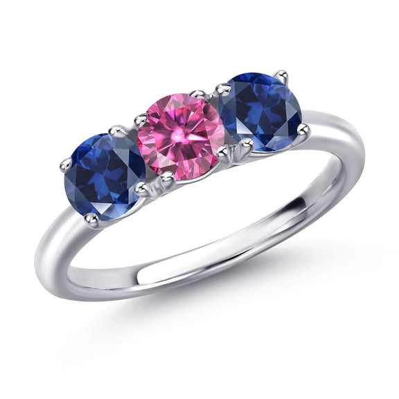 Gem Stone King 925 Sterling Silver Pink Moissanite and Blue Created Sapphire Engagement Ring for Women | 1.70 Cttw | Round 5MM | Gemstone Birthstone | Size 5