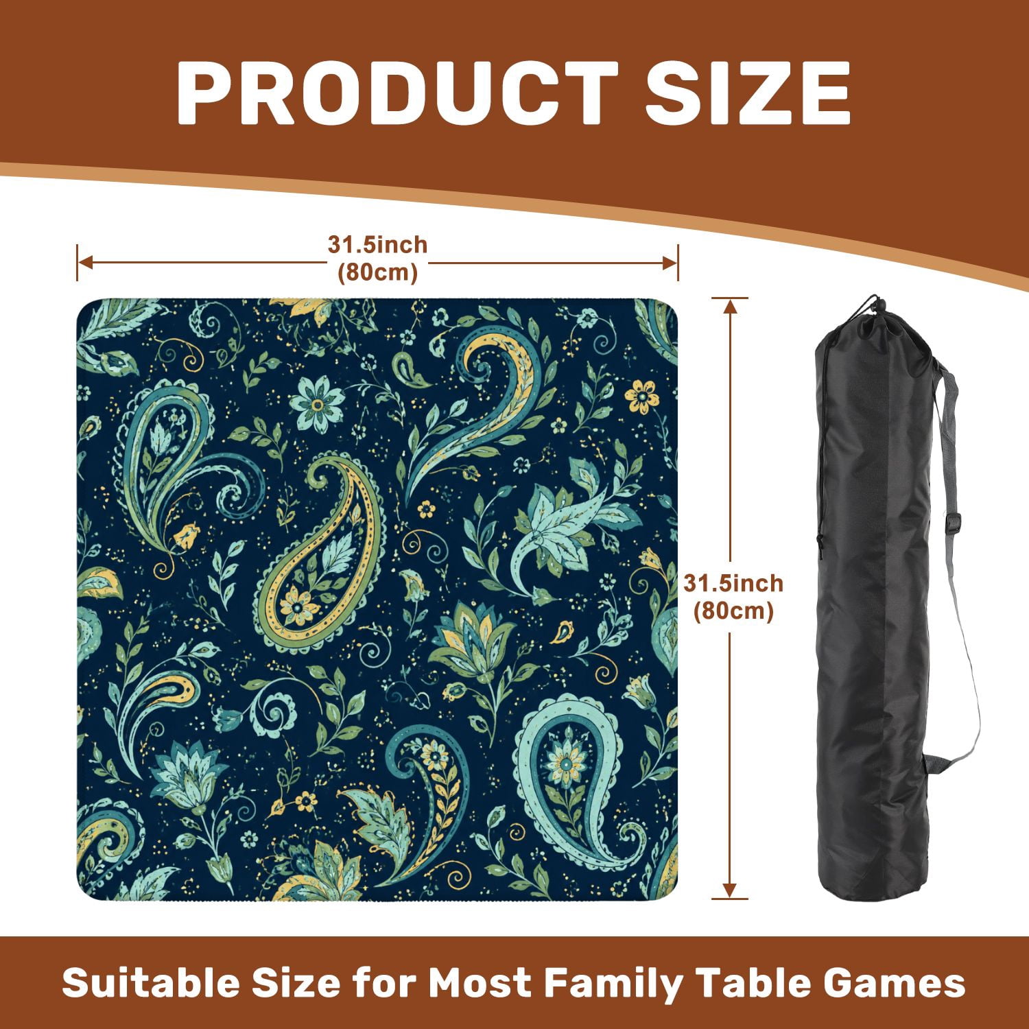 Mahjong Mat 31.5" x 31.5" Floral Paisley Navy Turquoise Vintage Style Non-Slip Noise Reduction American Mahjong Tiles Table Cover for Dominoes Poker Card Board Games Gift