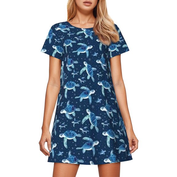 Womens Pajamas Funny Print Long Sleeve Sleep Dress Home Plus Size Robes for Women,Dark Blue,M