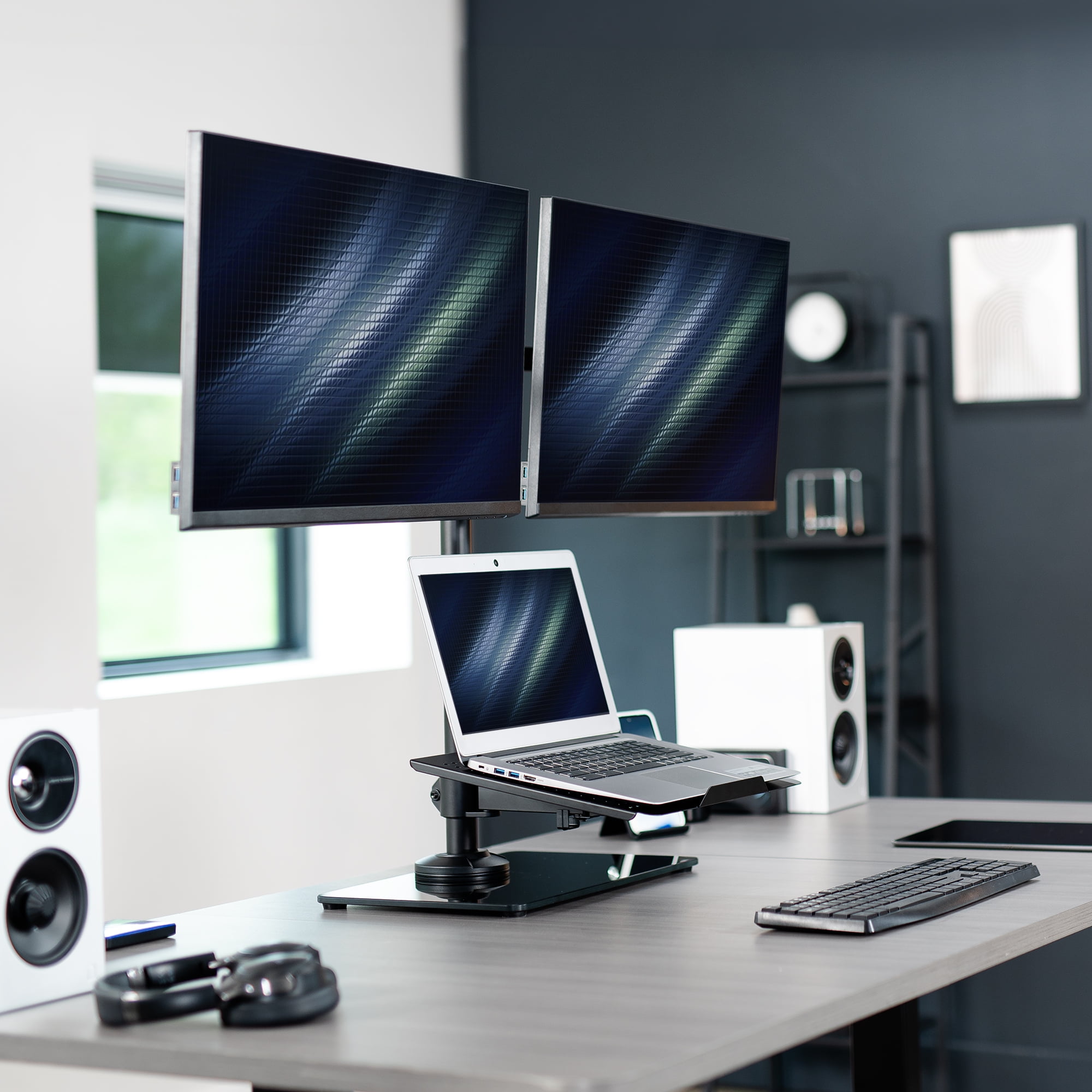 VIVO Laptop and Dual Monitor Desk Stand w/ Glass Base, Fits 32" Computer Screen