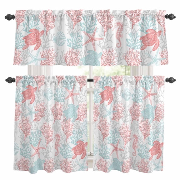 Red Aqua Coastal Kitchen Curtains Sets for Windows 36 Inch Length, Sea Turtle Nautical Coral Summer Beach Rod Pocket Window Treatments Tier Curtains and Valances Set for Bedroom/Bathroom