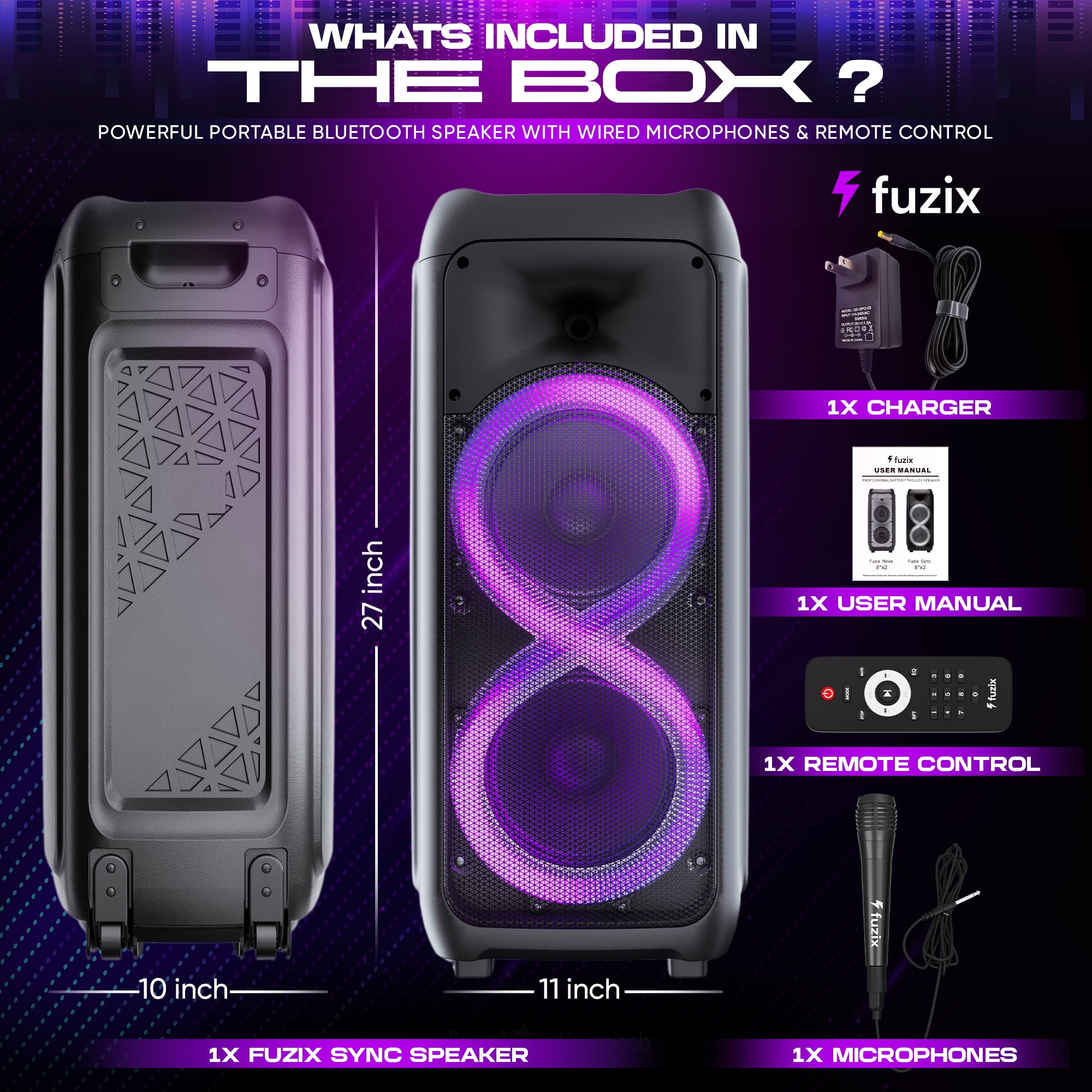 Sync Portable Rechargeable Karaoke Bluetooth Wireless Audio Speaker by Fuzix - With Built-in FM Radio, SD Input, USB Port, LED Lights, Mic and Remote Control Card