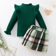 thumbnail image 4 of Toddler Girl 2Pcs Outfits Set Solid Ruffle Long Sleeve Ribbed T-Shirt Knit Tops Plaid Button Skirts Set Spring Fall Winter Clothes Kid 2-7 Years, 4 of 9
