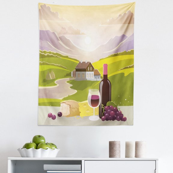 Winery Tapestry, Wine Cheese Bread with Mountain Landscape in French Rurals Pastoral Scenery, Fabric Wall Hanging Decor for Bedroom Living Room Dorm, 5 Sizes, Green Purple Cream, by Ambesonne