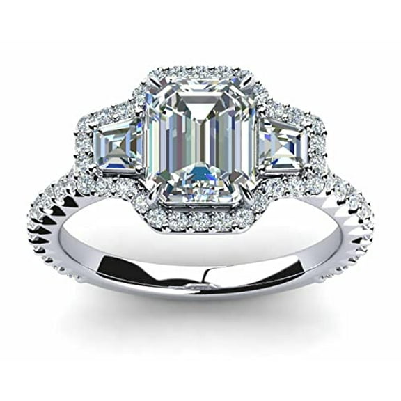 HeartsAndYou 3ct Emerald Cut Moissanite 3 Stone Halo Fancy Engagement Ring for Women 18k White Gold over Silver Stylish