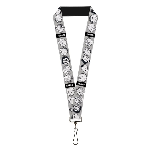 Peanuts Lanyard, Peanuts Gang Expressions Gray Black White, Elastic