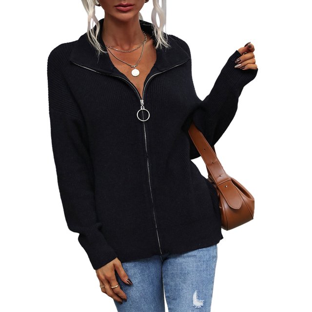 Chaqueta de suéter de punto Cuello vuelto Color puro Cremallera Hombro caído Suéter de punto de mujer para citas