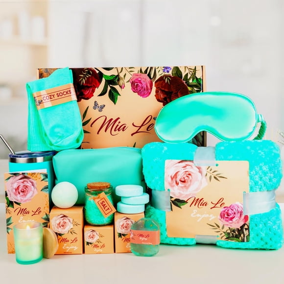 Mia Le Juego de cestas de regalo de spa relajante de lujo de 16 piezas: perfecto para cumpleaños, Navidad, mejora, gracias, regalos de despedida de soltera para mujeres y hombres. Incluye bombas de ba