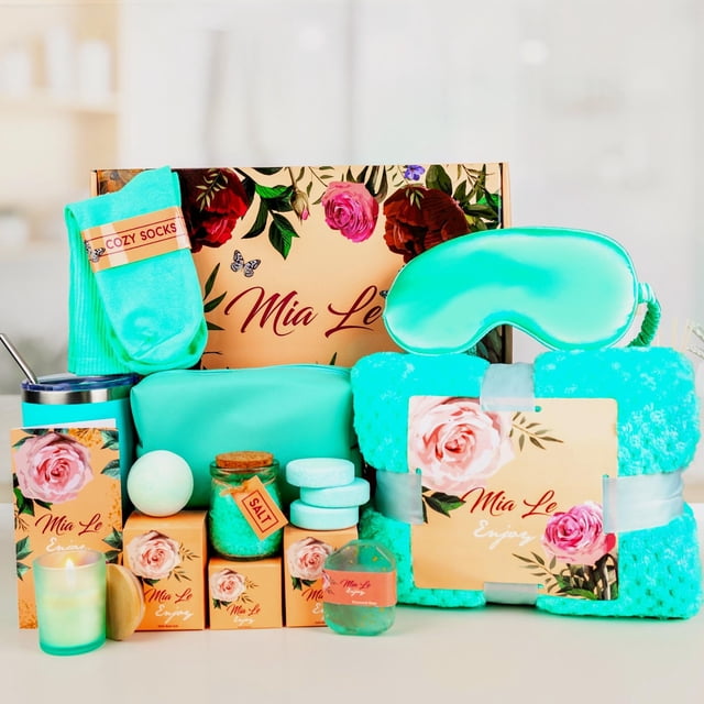 Mia Le Juego de cestas de regalo de spa relajante de lujo de 16 piezas: perfecto para cumpleaños, Navidad, mejora, gracias, regalos de despedida de soltera para mujeres y hombres. Incluye bombas de ba