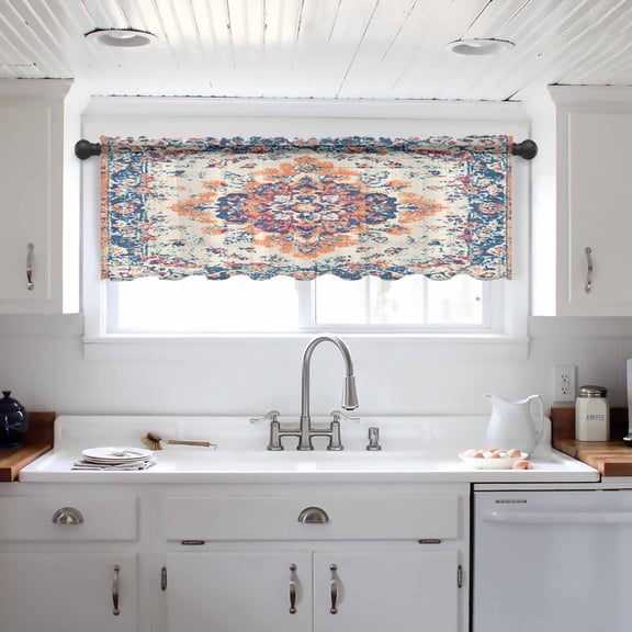 Boho Orange Blue Valance Curtains for Kitchen/Living Room/Bathroom/Bedroom Window, Boho Vintage Geometric Ethnic Art Rod Pocket Small Topper Half Short Window Curtains Voile Sheer Scarf 42"x18"