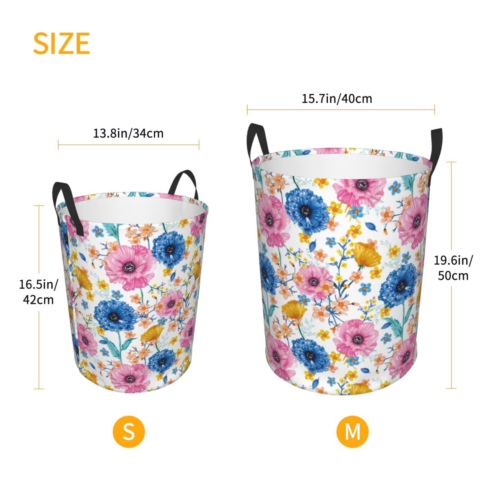 Large Laundry Basket with Handles - Blue Pink Yellow Rose Flowers Kids Baby Dirty Clothes Laundry Hamper for Bedroom Aesthetic