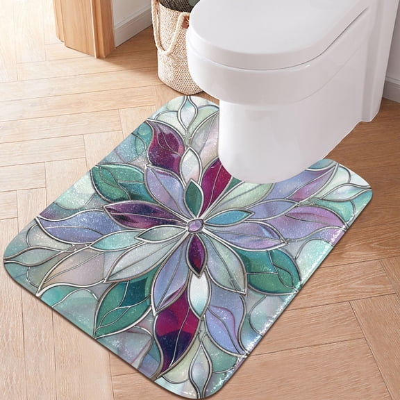 Toilet Rug U-Shaped Bathroom Rugs Non-Slip Soft Plush Machine Washable Contour Bath Mat Violet Red Floral Stained Glass 24x20