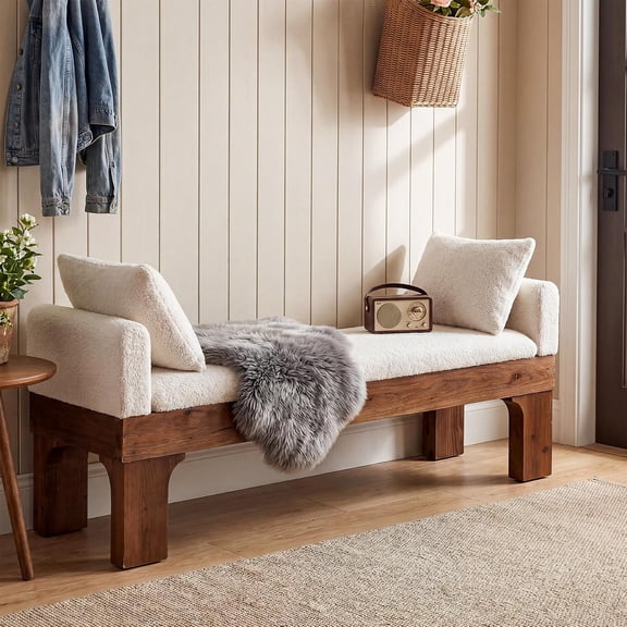 Finmind 63" Upholstered End of Bed Bench, Boucle Bedroom Bench with Armrests & 2 Pillows, White