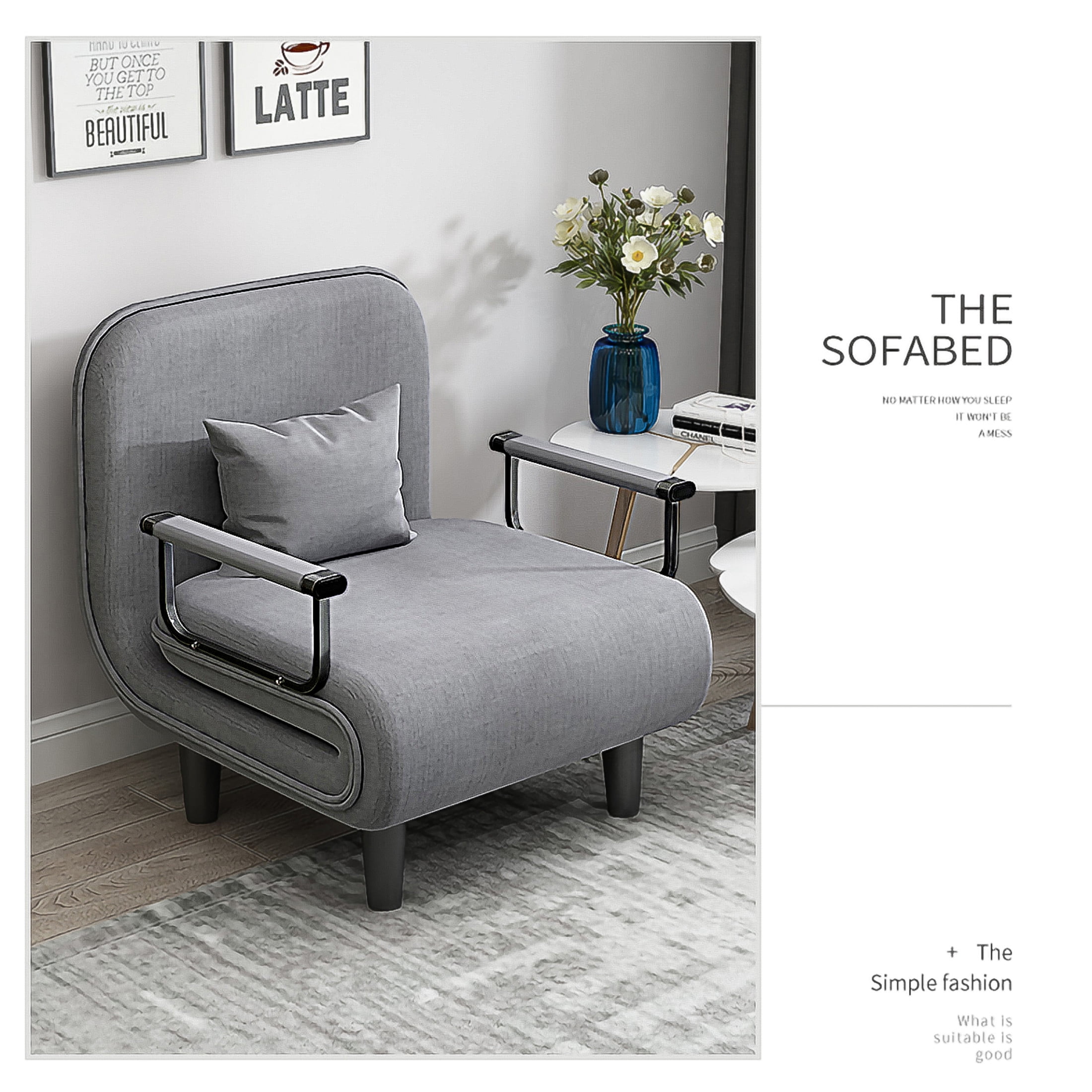Noble House Folding Sofa Chair Sleeper with Accent Pillow, 3-in-1 Convertible Linen Lounger Bed for Living Room, Grey