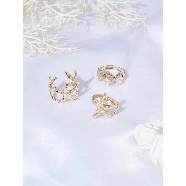 Juego de 3 anillos de hierro de 3 estilos con forma de estrella de mar y concha, apilables, abiertos, dorados y ajustables.