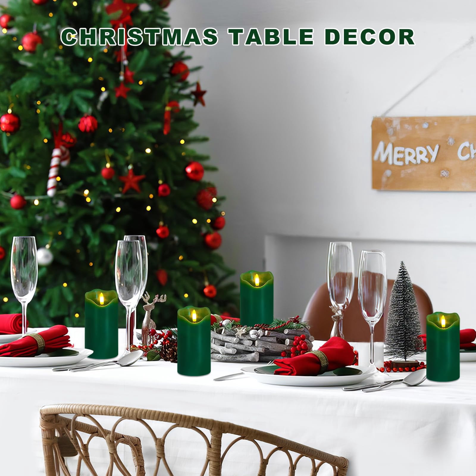 Flameless Candles Light, Set of 2 6"x3" Flickering Christmas Flameless Candles with Remote & Timer, Dimmable Real Wax Pillar Candles Battery Operated, Green Candles for Home Xmas Decor