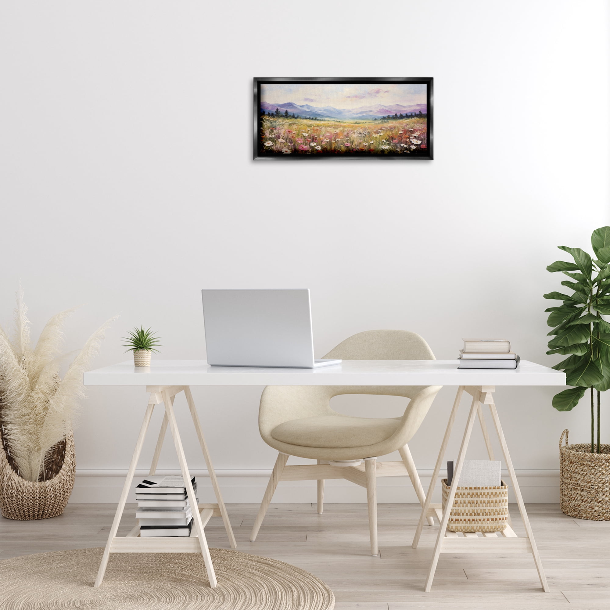Stupell Industries Mountainous Daisy Meadow Landscape Painting Black Floater Framed Art Print Wall Art, 25 x 11
