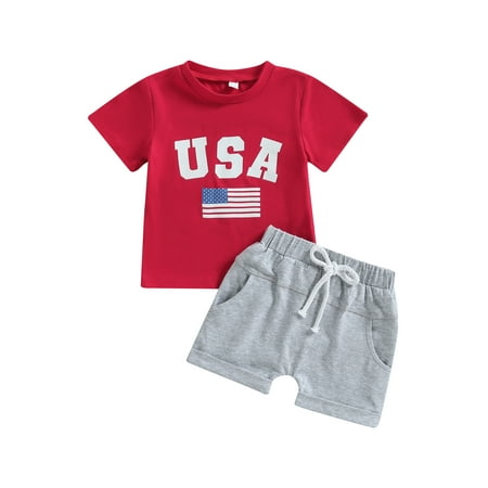 

Arvbitana Toddler Baby Girls Boys Independence Day Outfits Flag Letter Print Short Sleeve T-Shirt Tops + Shorts Summer Casual Loose Tracksuits Set 2Pcs 0-3T
