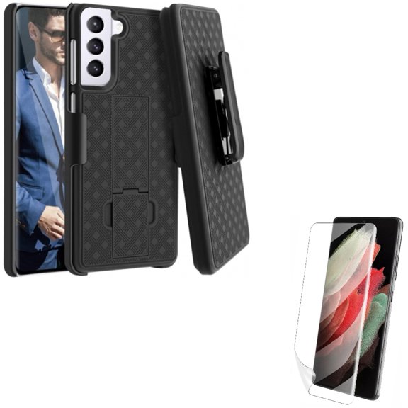 Matte Screen Protector w Case Belt Clip for Samsung Galaxy S21 Plus - TPU Film Anti-Glare Anti-Fingerprint, Holster Swivel Cover
