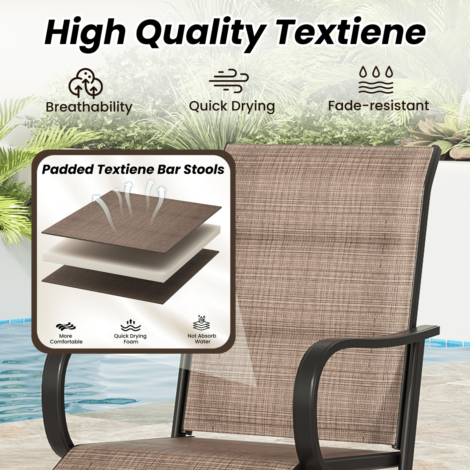 MAYEERTY 2-Piece Outdoor Bar Height Tall Stools Set,Paded Textilene,360°Swivel, Ergonomic for Balcony, Brown